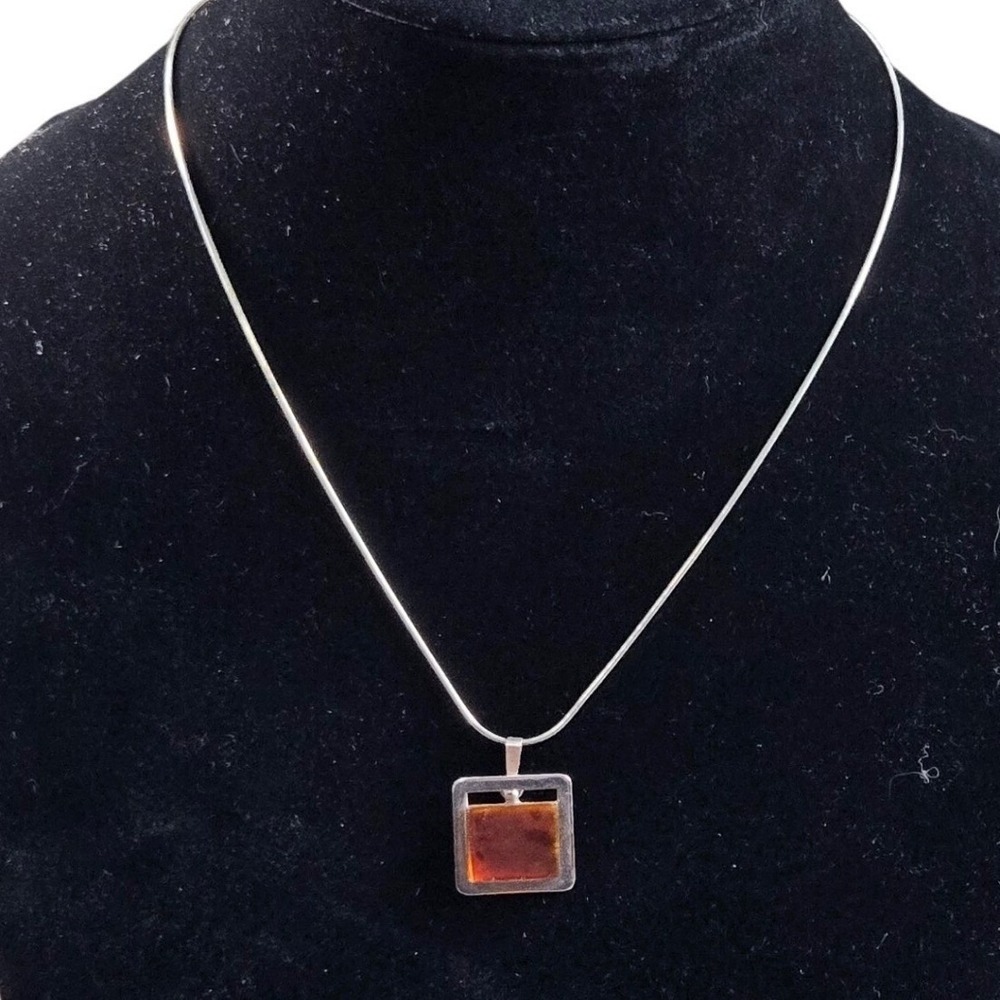 Vintage Italy 925 Sterling Silver Square Amber Pendant Snake Chain Necklace 18in